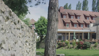 Landhotel mit Terrasse und Sonnenschirmen hinter altem Baum