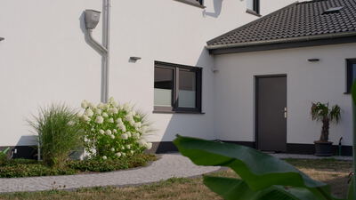 Moderne Hausfassade mit Garten und blühender Hortensie