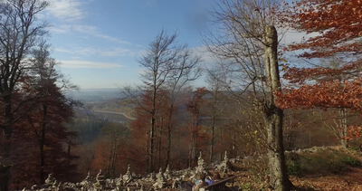 Panoramablick von einem Waldgipfel über das herbstliche Tal
