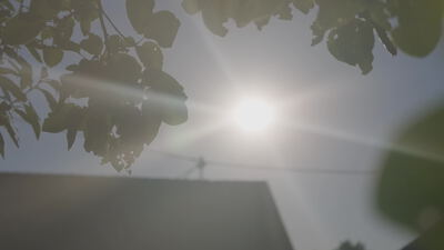 Sonne strahlt über einem Hausdach hinter Zweigen: Sonne über dem Hausdach, Sonnenstrahlen am Sommerhimmel