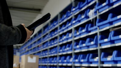 Lagerarbeiter erfasst blaue Lagerkisten mit einem Handscanner