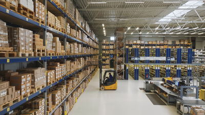 Großes Lager mit hohen Regalen und einem Gabelstapler