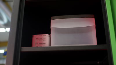 Rosa Wochendosierer für Tabletten mit Wochentagen im Schrank