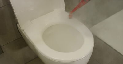 Dampfreiniger säubert Toilettenrand mit heißem Dampf im Badezimmer