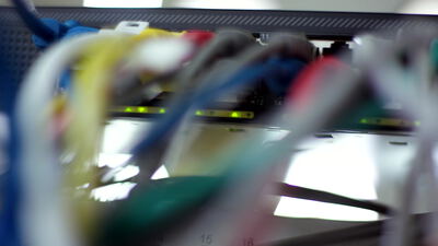Bunte Netzwerkkabel an einem Switch im Serverschrank