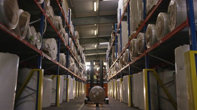 Gabelstapler transportiert Materialrolle durch ein Hochregallager Gabelstapler transportiert Materialrolle durch ein Hochregallager, Lagerhalle, Palettenregal und Lagerlogistik als 4K